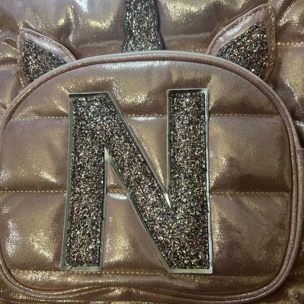 Justice Girls Backpack Pink Rose‎ Gold Initial M Side Pockets Full Size 17 Inch